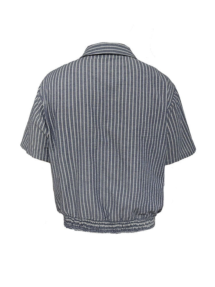 Bubble pleats curved stripe Short Sleeve Shirts