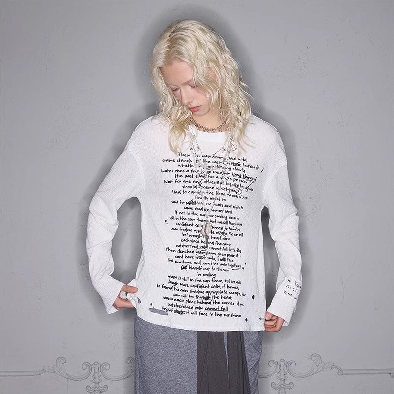 Pleated letter slogan long sleeve T-shirt