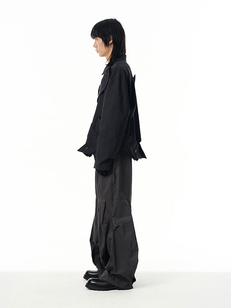 Cotton multi-directional pleated loose leg mop slacks