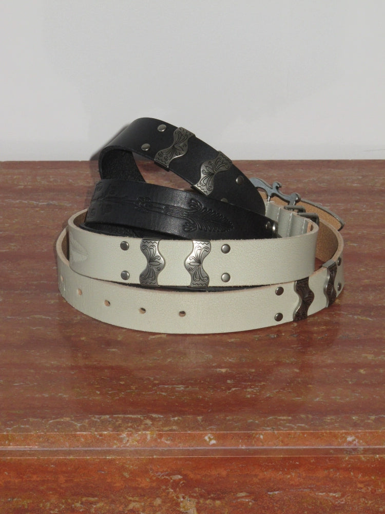 Engraved Silver Cowhide Belt