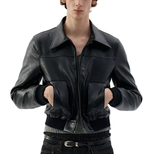 Vintage black short skinny zipper leather jacket