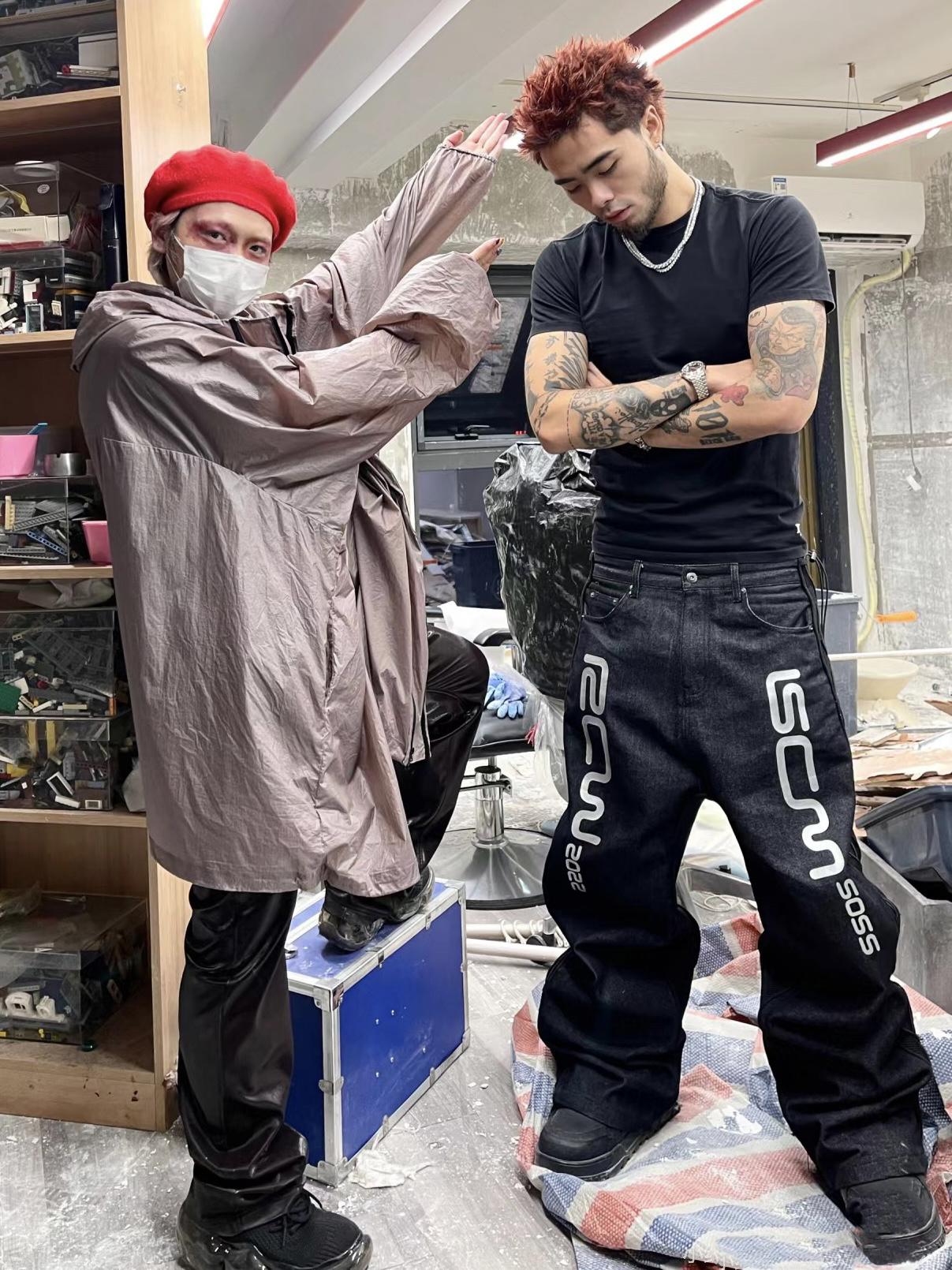 90s black mesh stitching reflective silver denim jeans