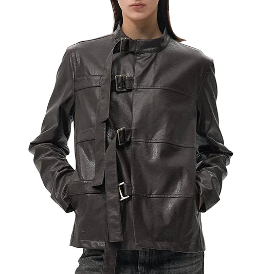 Turtleneck Asymmetrical Leather Jacket