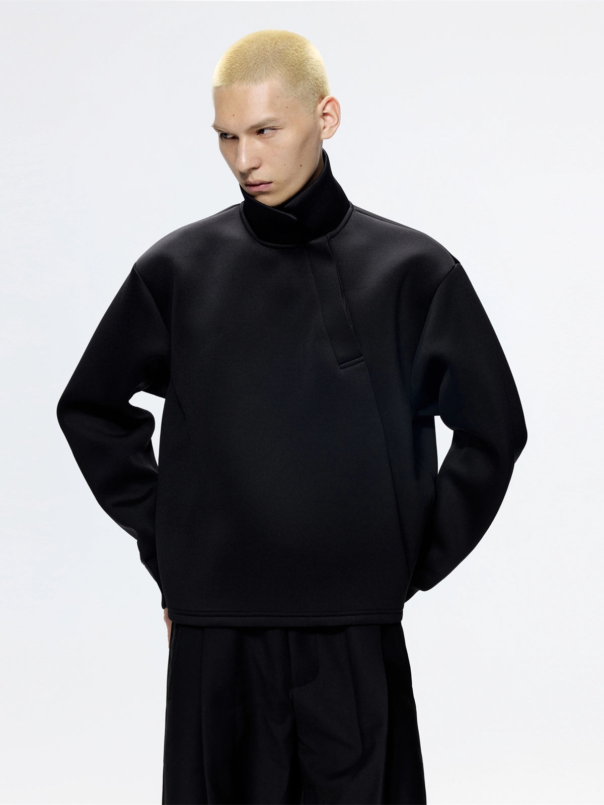 Slanted Neck Long Sleeve Polo Sweat Shirt