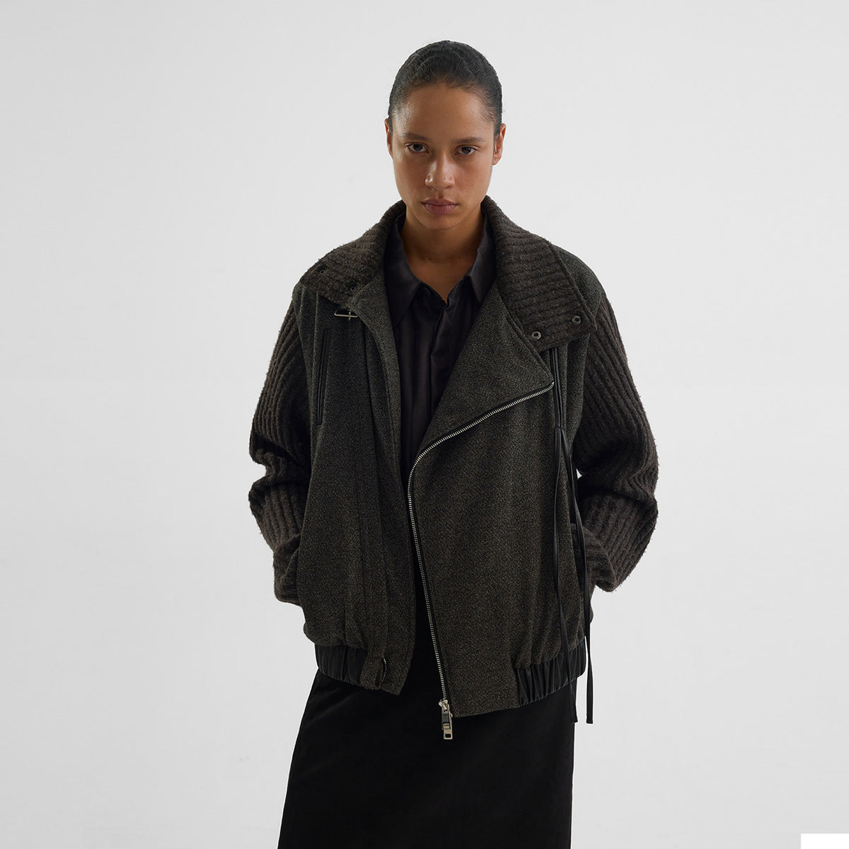 Floral Tweed Slanted Leather Cord Jacket