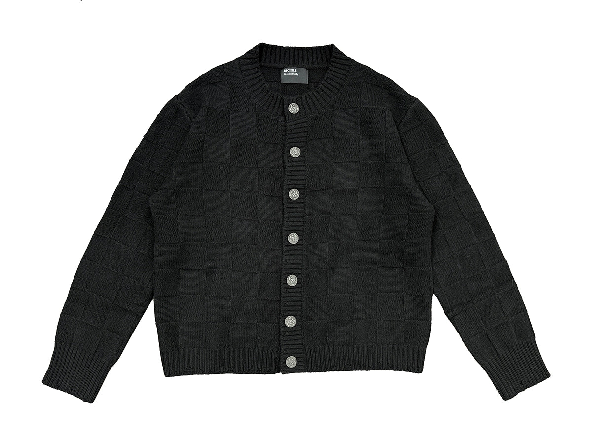 Wool Check Metal Buckle Crew Neck Knit Cardigan