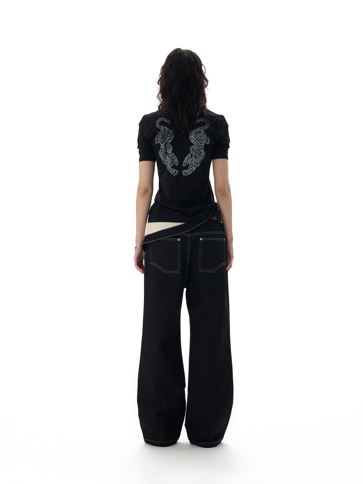 turned-waist black straight-leg jeans