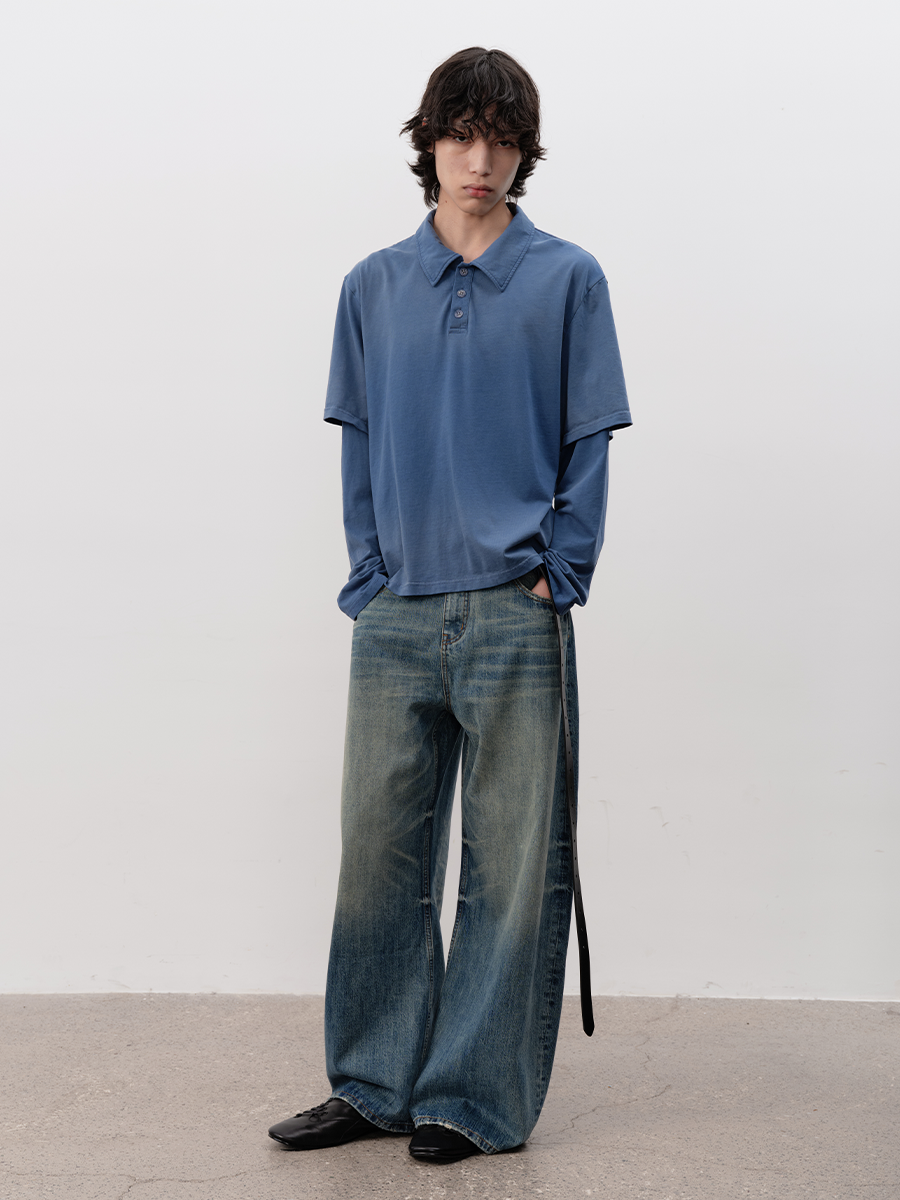 Washed Fake Layered POLO shirt