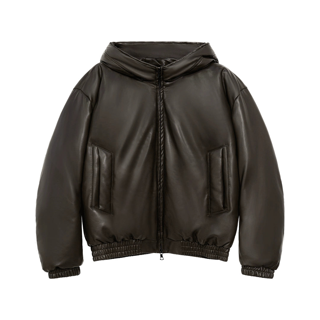 Twisted Wire Hooded Leather Puffer Jacket