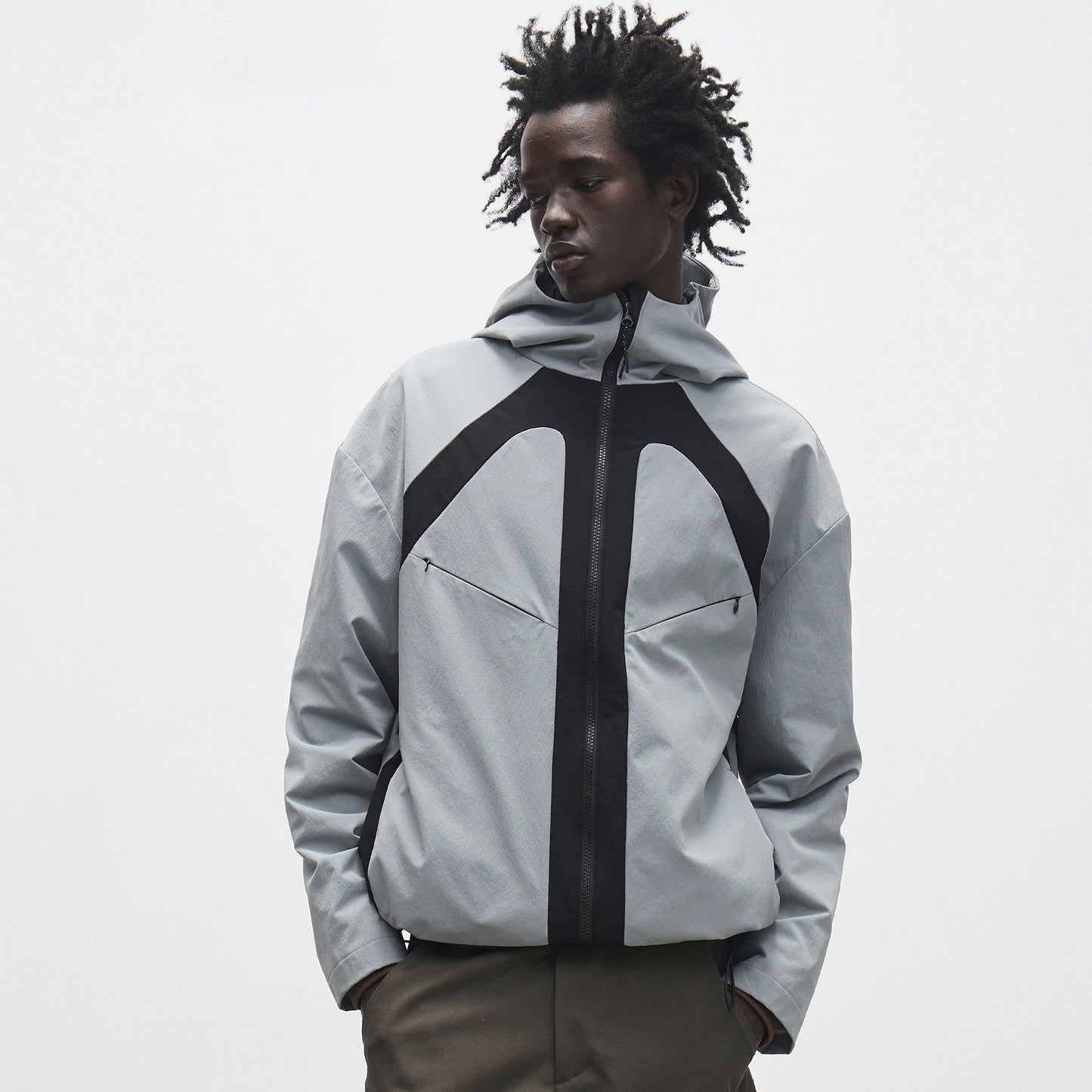 777 Organizing' two-tone patchwork softshell hooded jacket