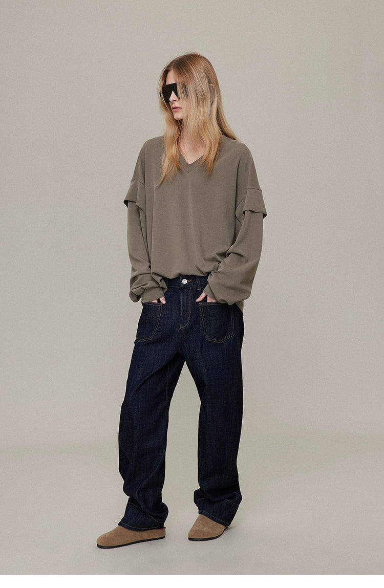 V-neck double sleeve T-shirt