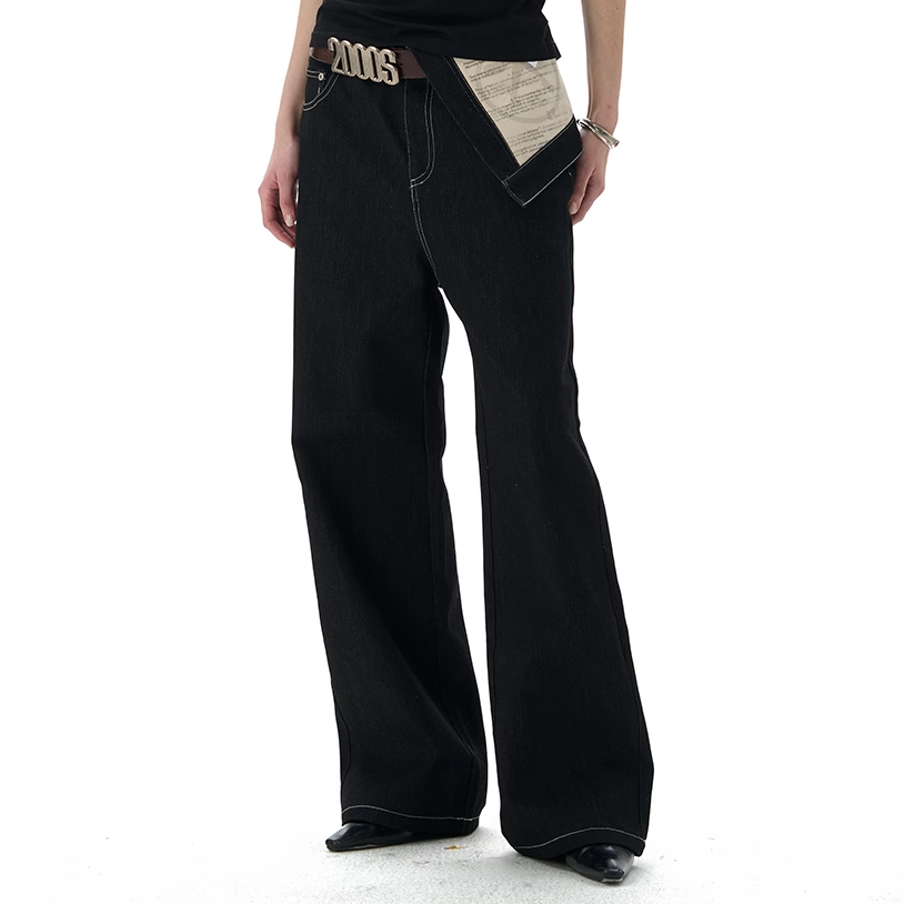 turned-waist black straight-leg jeans