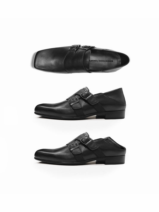 Square toe leather buckle shoes