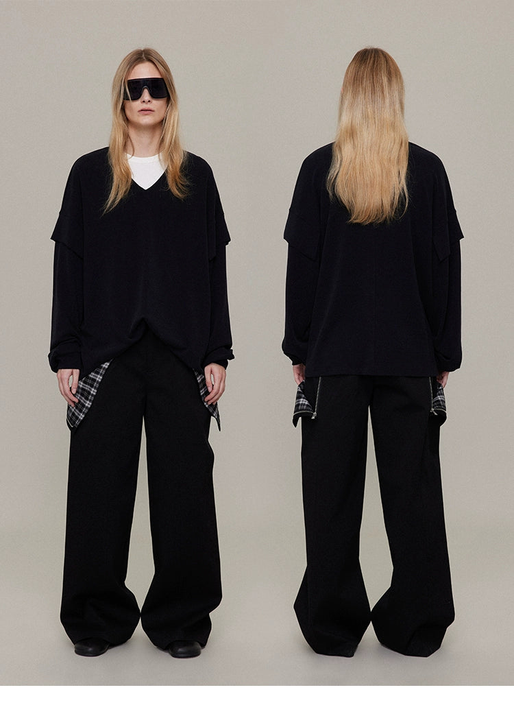 V-neck double sleeve T-shirt