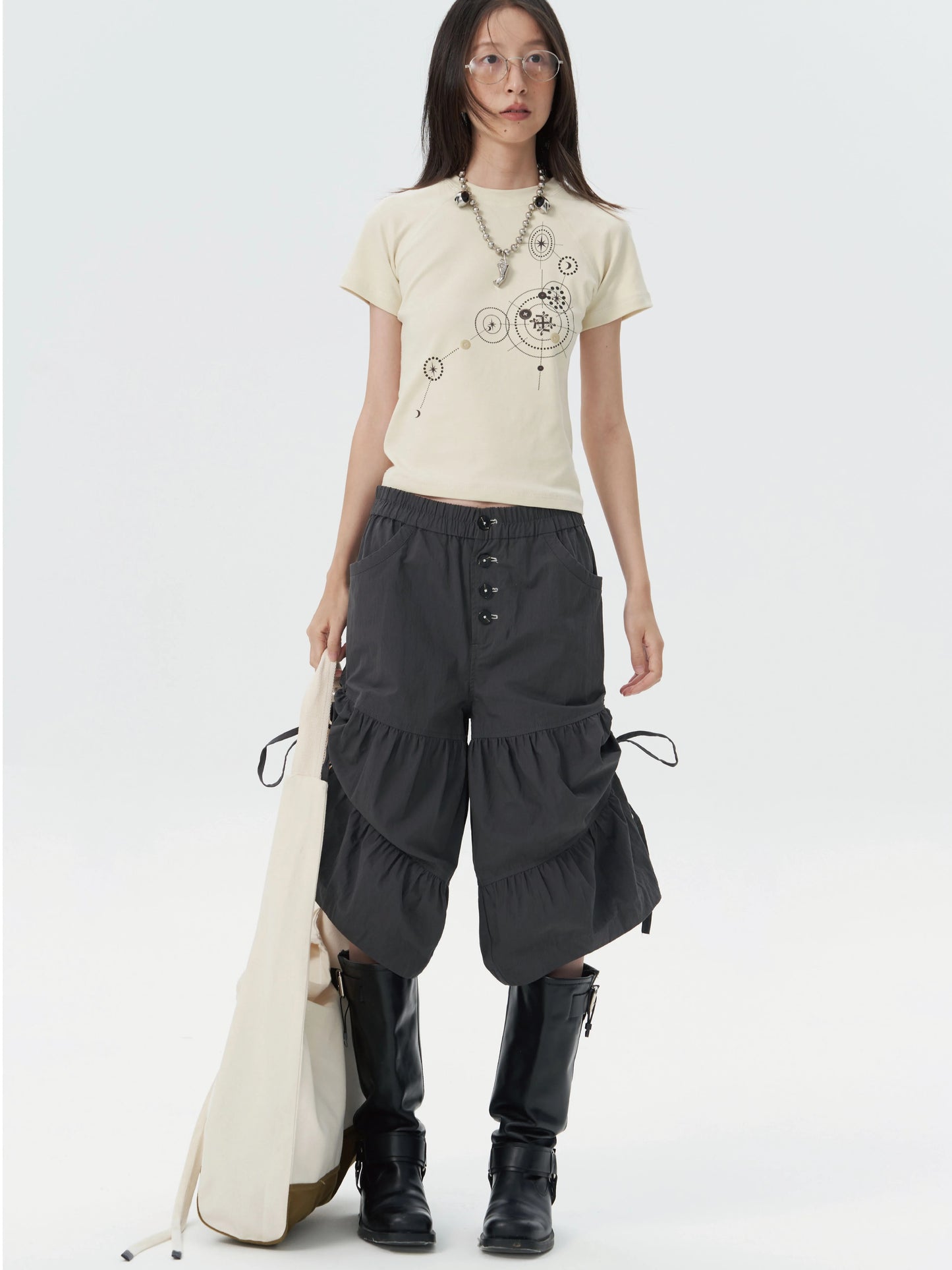 retro cute pleated drawstring micro wide pants