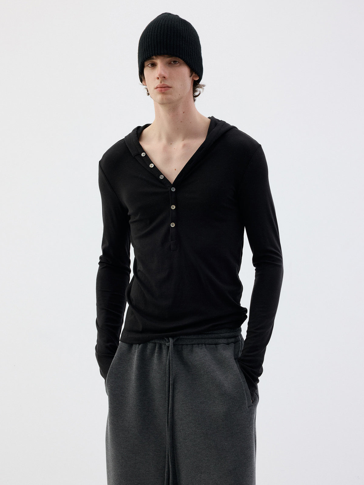 Hooded Henley Collar long-sleeve T-shirt