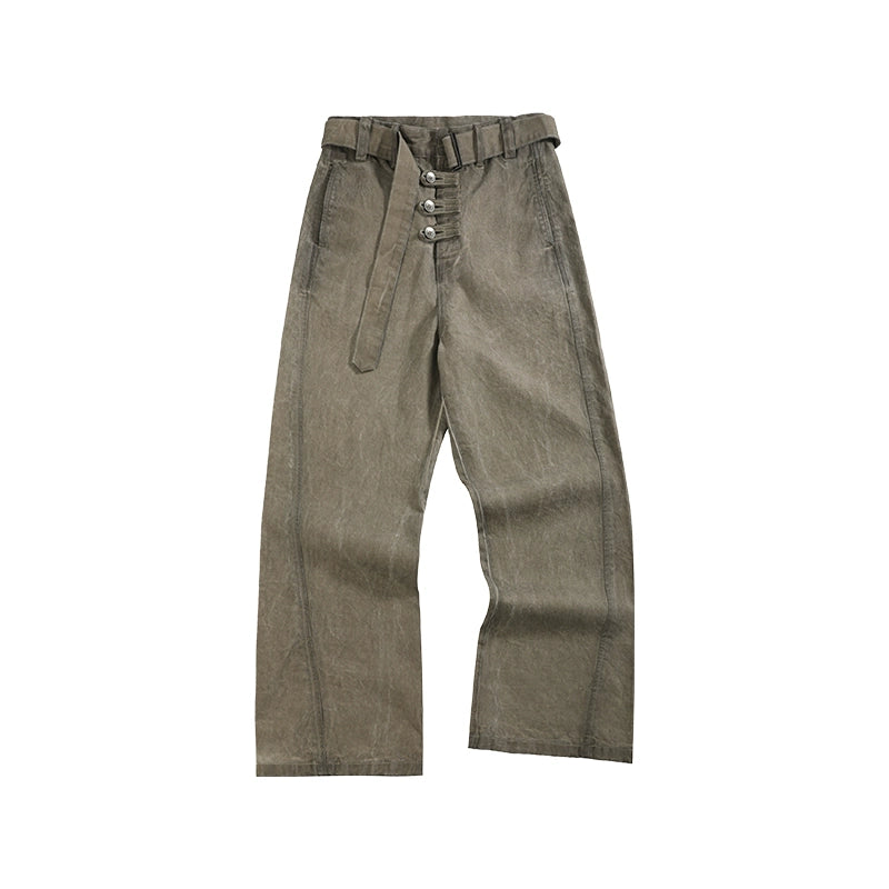 'Gneiss' mud dyed distressed belted trousers