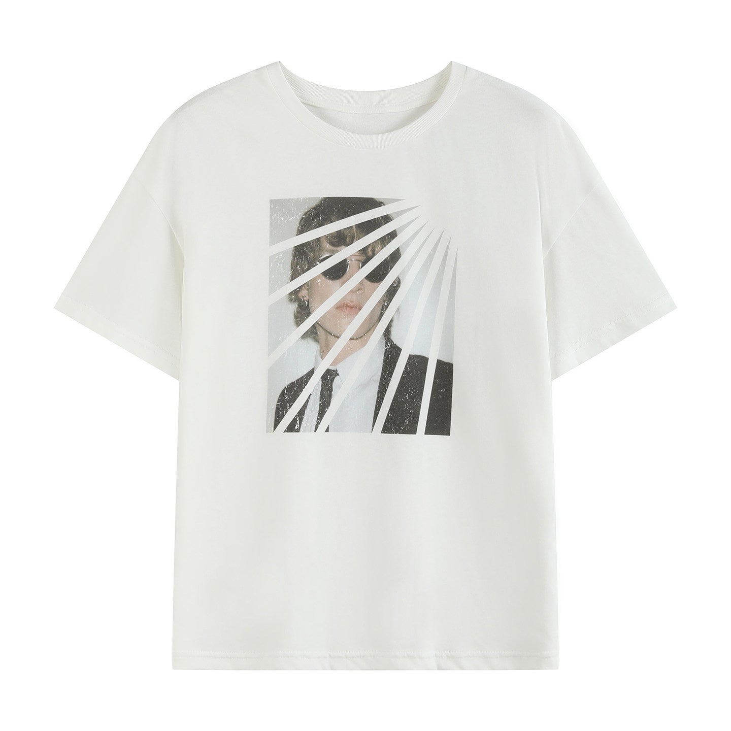 Aged white linen cotton short-sleeved printed T-shirt