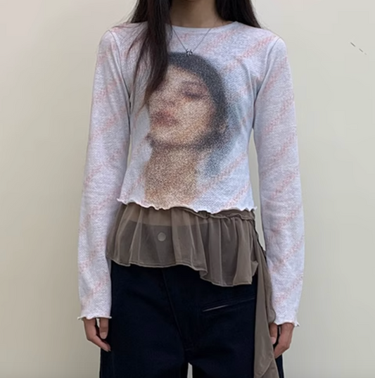 PRINTED LONG SLEEVE KNIT T-SHIRT