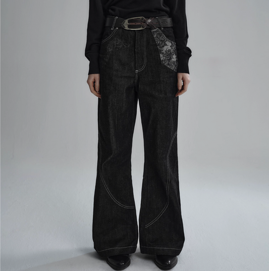 "Snake Trace" raw jacquard panel bootcut jeans