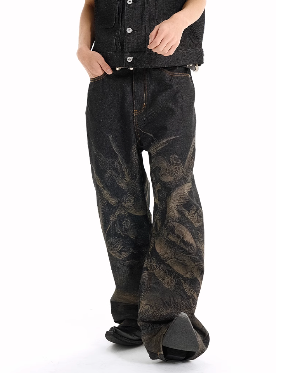 "Paradise Lost" Python Leather Label Baggy Jeans