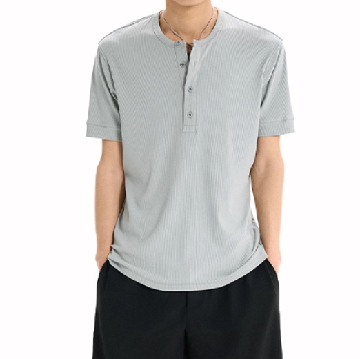 Henley Collar Pit Strip Short Sleeve T-Shirt