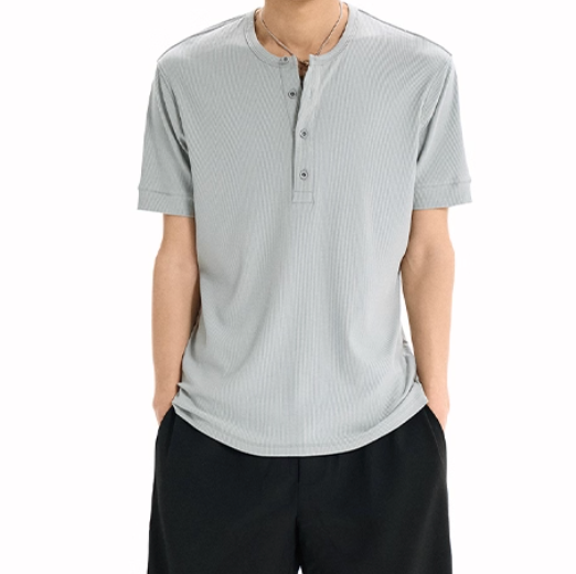 Henley Collar Pit Strip Short Sleeve T-Shirt