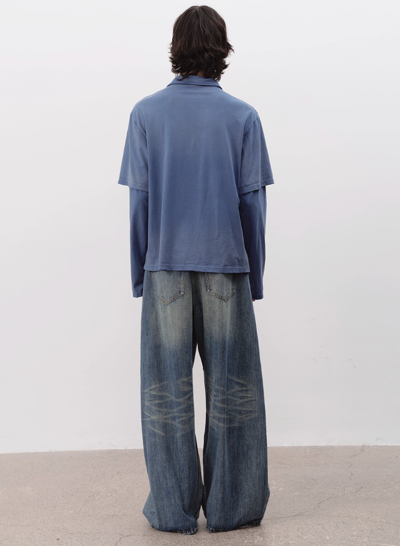 Washed Fake Layered POLO shirt