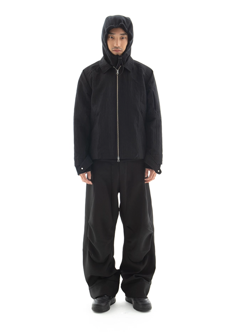 Double Zip Pleats Nylon Jacket