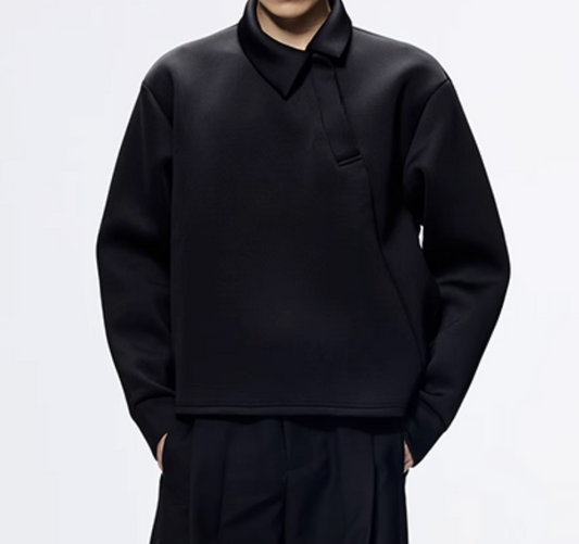 Slanted Neck Long Sleeve Polo Sweat Shirt