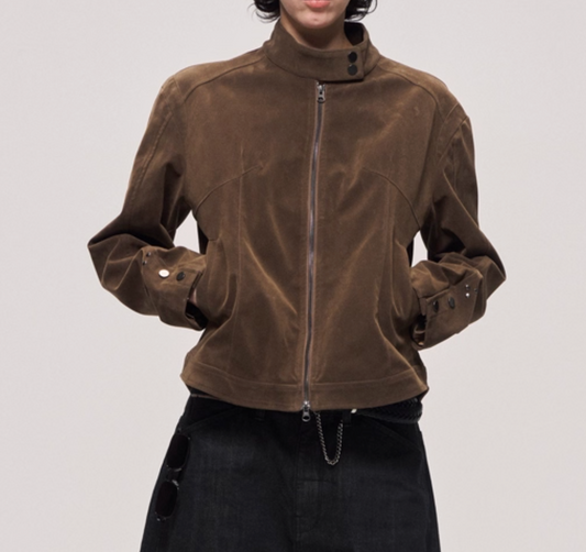 Cow Suede Brown Stand Collar Jacket
