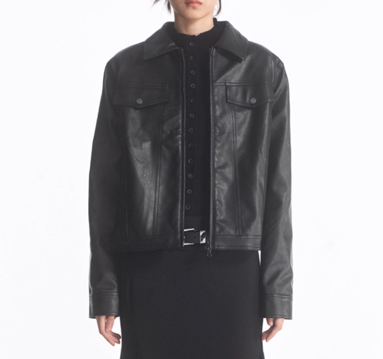 Cropped Double Zipper Leather Jacket