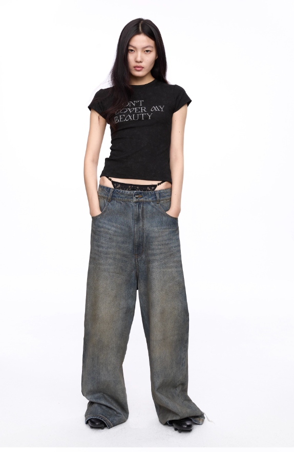 Cuff Opening Distressed Washed Jeans