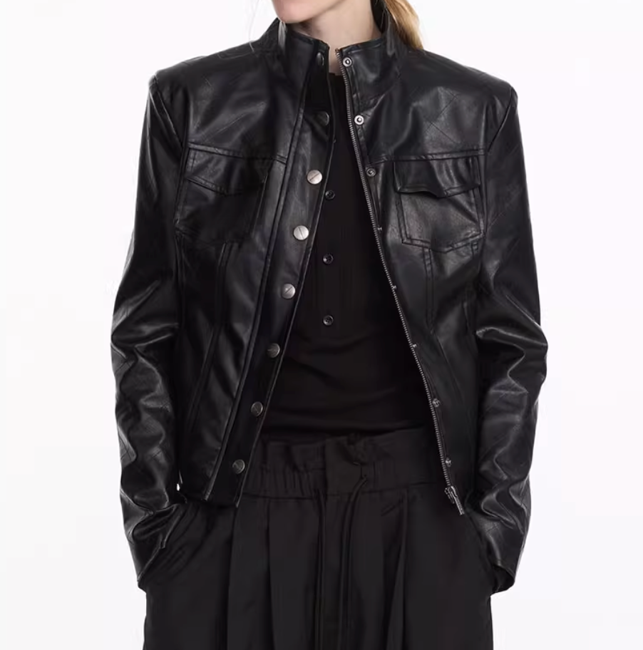 Rhombus Plaid Slim Leather Jacket