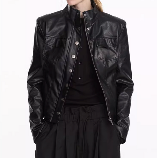 Rhombus Plaid Slim Leather Jacket