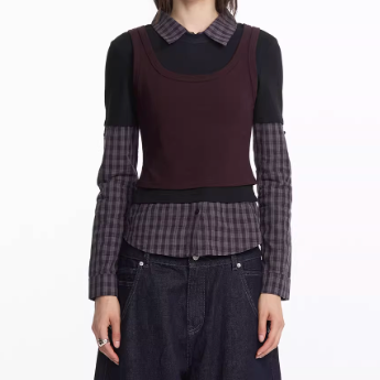 Fake Layered Plaid Polo Long Sleeve T-shirt
