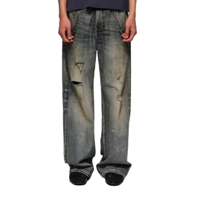 Straight Wash Dirty Ripped Jeans