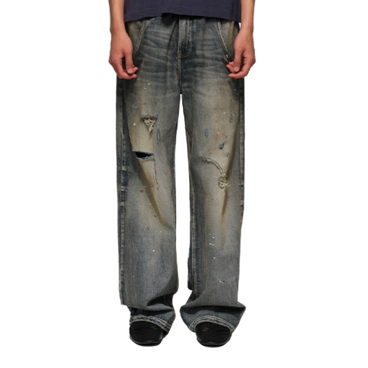 Straight Wash Dirty Ripped Jeans