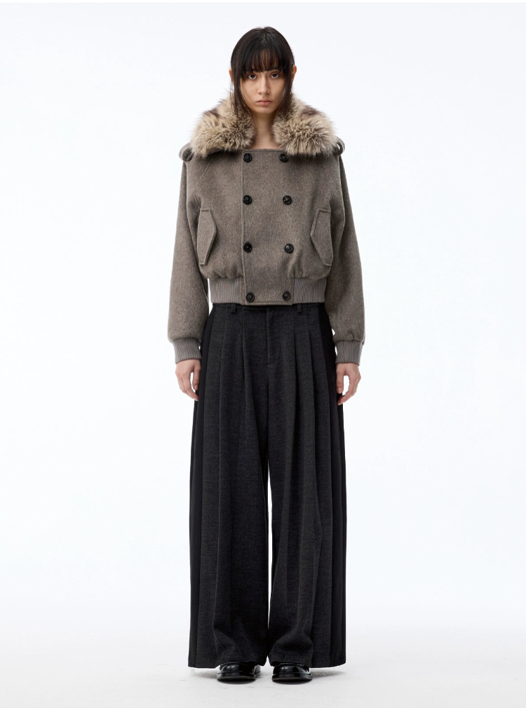 Paneled Pleated Straight Wool Trouer