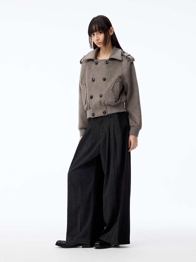 Detachable Fur Collar Double-breasted Cropped Tweed Jacket