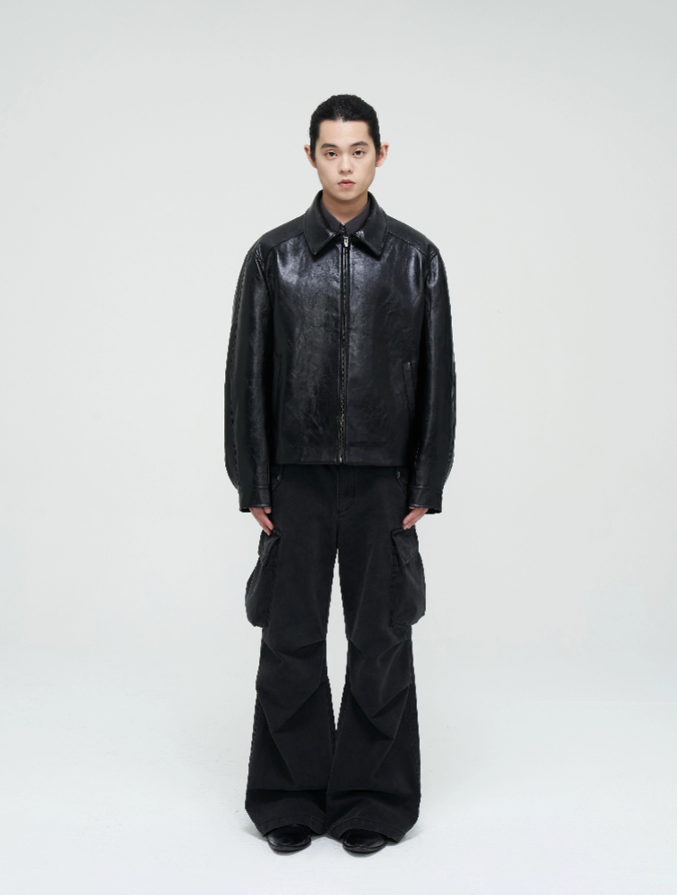 Retro Heavyweight Oil Wax Black PU Leather Jacket