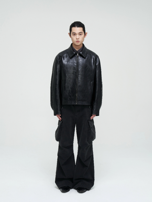 Retro Heavyweight Oil Wax Black PU Leather Jacket