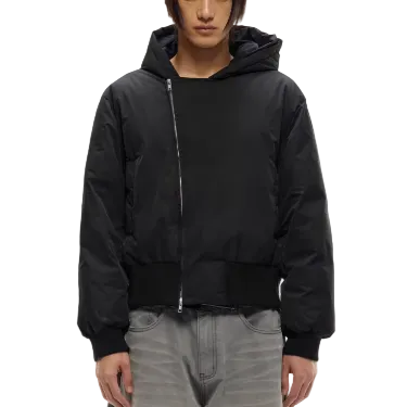 Diagonal hooded duck down jacket