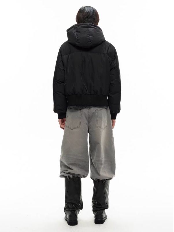 Diagonal hooded duck down jacket