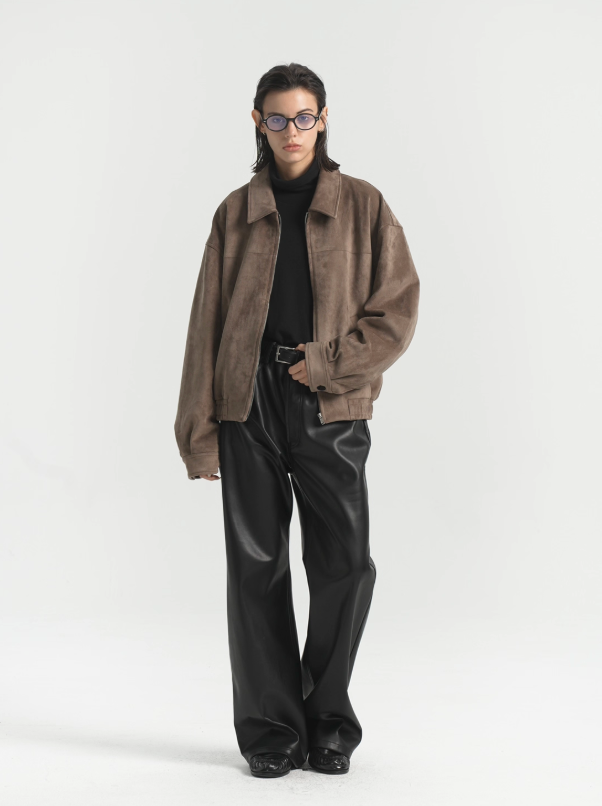 BOXY SUEDE WIDE LAPEL ZIP-UP JACKET