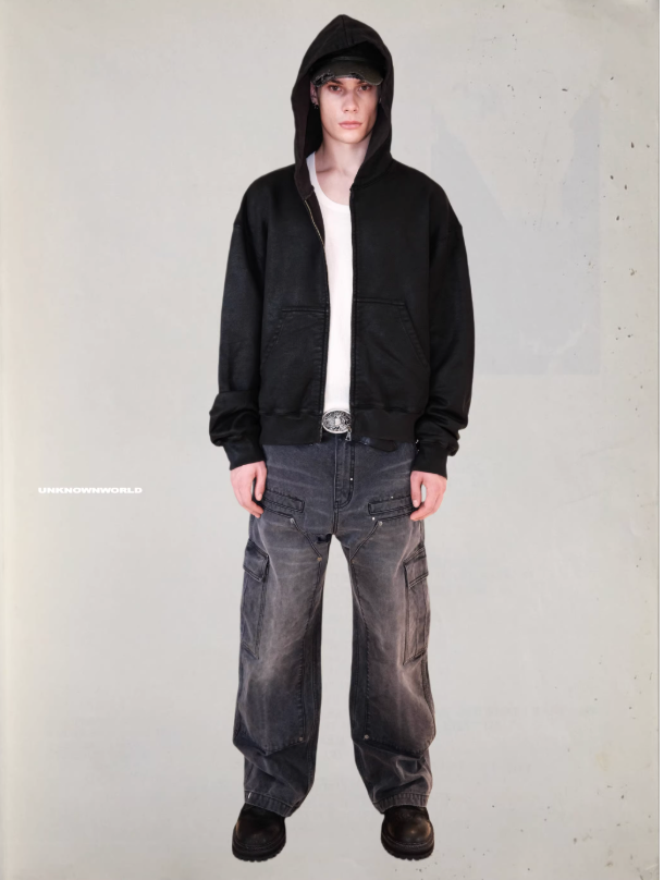 Hand-waxed Loose Hoodie Zip Sweatshirt