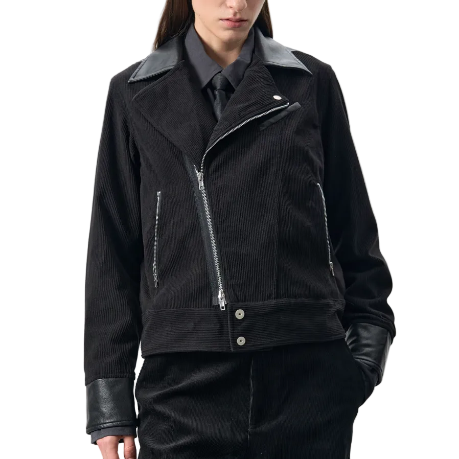 Corduroy patchwork cropped biker jacket