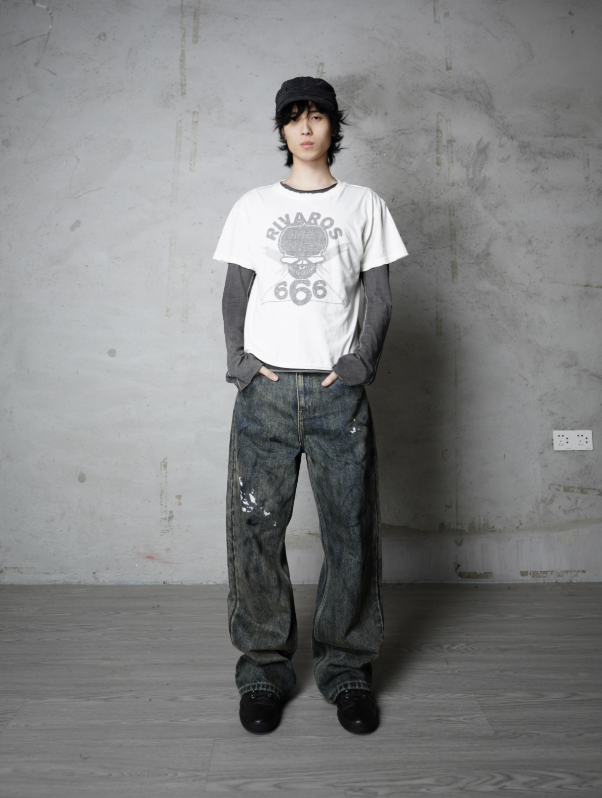 Mud-dyed splashed painter denim jeans