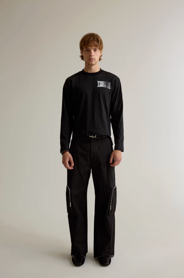 Zip pocket raw denim cargo pants