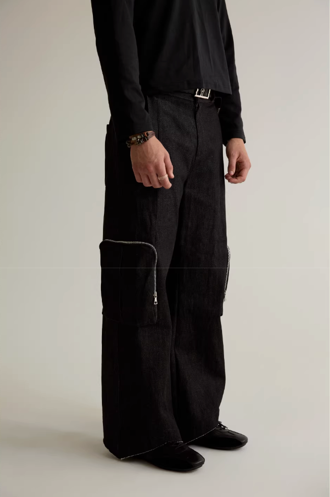 Zip pocket raw denim cargo pants